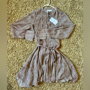 Reiss Long Sleeve Textured Dress in Brown and Cream